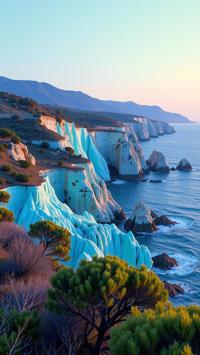 vibrant Concept art, Golden ratio, surreal, landscape of a Grotesque Eye catching DayGlo blue Rocky Shoreline in the distance there is a Pedestrian tunnel