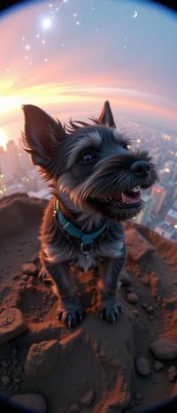 dark art by Arturo Souto , top notch VRay, pretty, Aerial View of a Happy Psychadelic Miniature Schnauzer Puppy