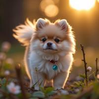 epic Unreal Engine, spring jungle with Twig, stylized, Fashion shot of a Extraordinary Shy Pomeranian Puppy with Turquoise details