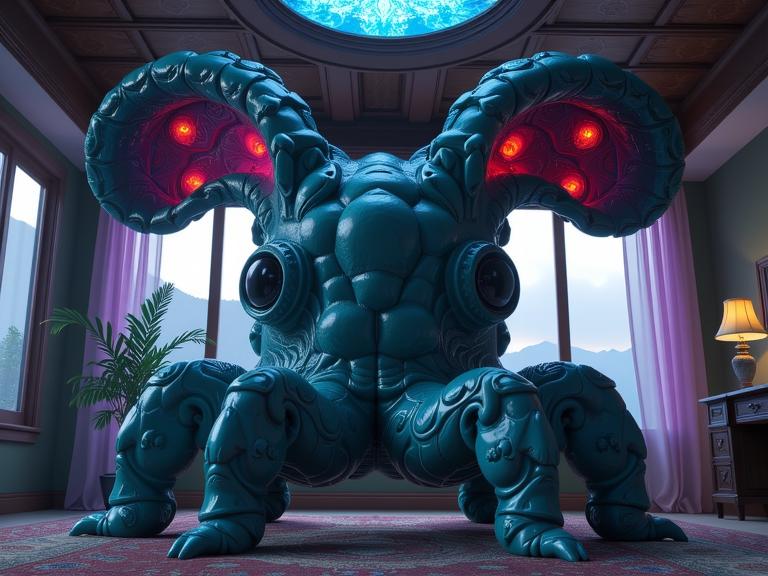 art by Larry Carlson and Max Weber and Dee Nickerson , masterpiece d blender render, majestic, rear angle of a Psychedelic Art Ugly head of a Giant Clam with Galaxy ears