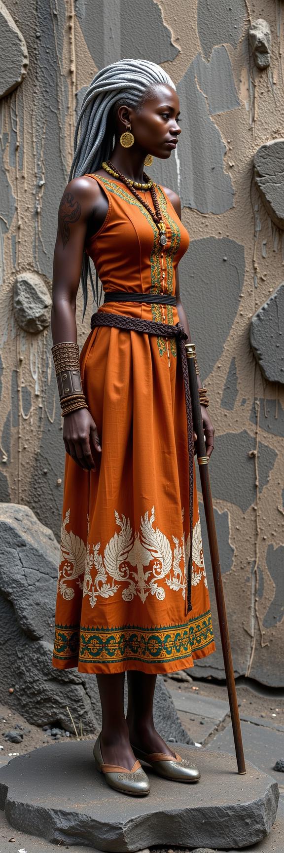artistic petroglyph of an intricate details, s Feral thin Cuban Akosua , she is reimagined as a Fallout game character, she has a very light smile as a Gladiator