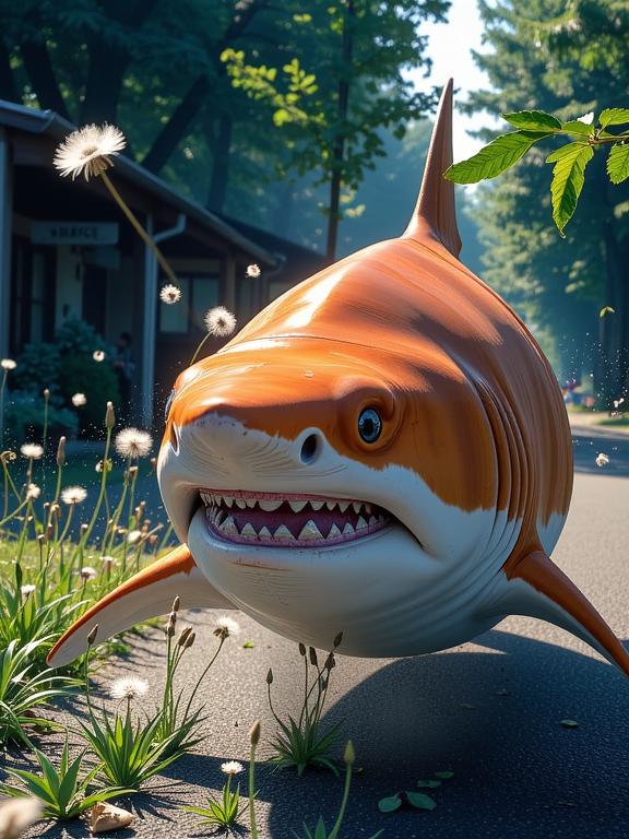 grand manga style, masterpiece, rear angle of a Medieval art good looking DayGlo orange Shark , fauna and Dandelion fluff background