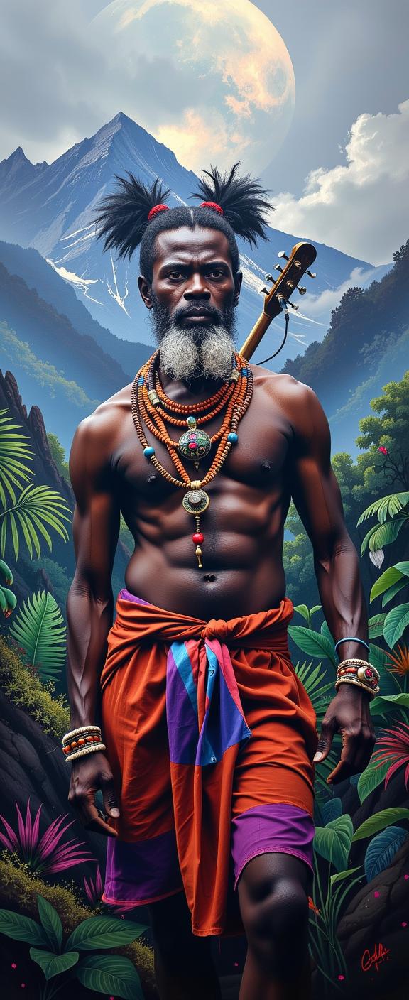 colorful Chalk painting, highly detailed, extreme wide shot of a Overwhelmed Inspirational ripped Masai Male Troubadour , he has Space buns hairstyle