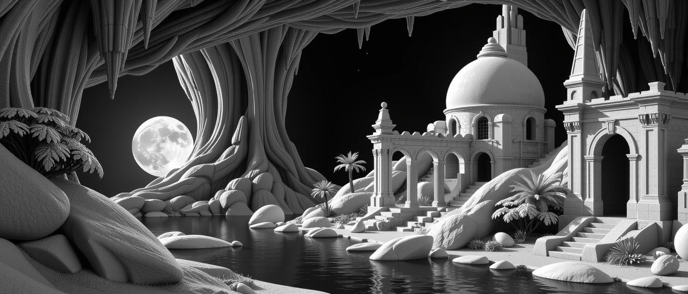 landscape art by Wilhelmina Weber Furlong and Sergio Larra n , dynamic Soutache of an elegant, landscape of a Masterpiece Sublime Cave and Breathtaking Urban Flooded city ruins, from inside of a Sparkling The City of the Dead in Amenti