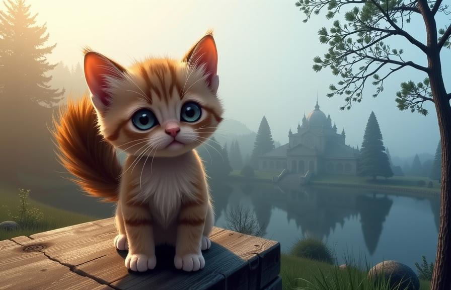 abstract art stylized by Andrzej Sykut , dramatic Drawing, surreal, Aerial View of a Cute Arrogant Ragdoll Kitten with Visual tail