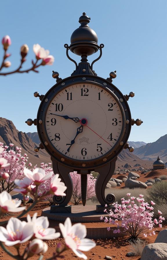 candid d blender render, lush blossoms and Martian surface in background, Decoupage, Portrait of a Tranquil Clockwork The curse of the House of Atreus