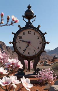 candid d blender render, lush blossoms and Martian surface in background, Decoupage, Portrait of a Tranquil Clockwork The curse of the House of Atreus