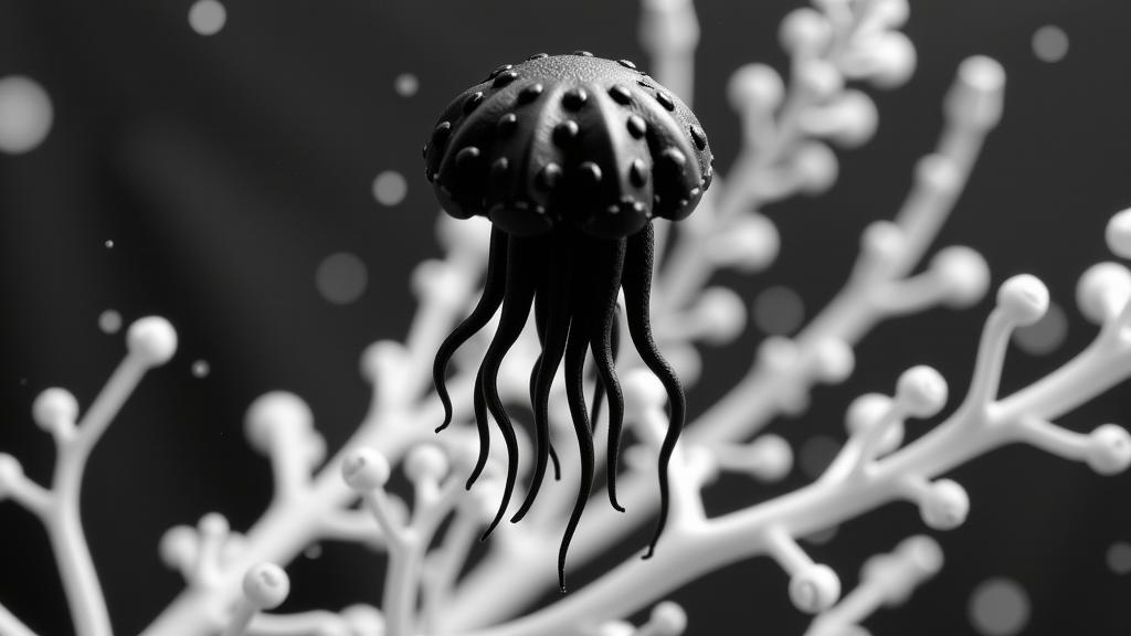 masterpiece Claymation, top notch Fractal of a dark and gothic themes, Semi Abstract Collectable Comb Jelly , plain Monochrome background