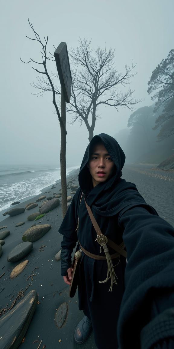dark Photograph, dense beach with Moss, concept art, selfie of a Medieval art Worried The fragrance of adventure lingers in the air