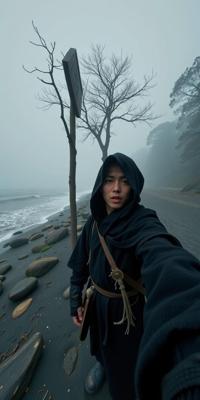 dark Photograph, dense beach with Moss, concept art, selfie of a Medieval art Worried The fragrance of adventure lingers in the air