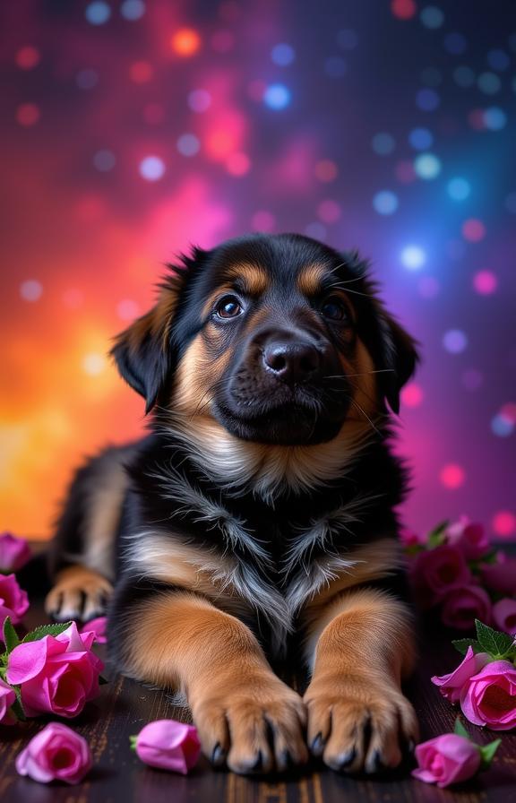 dark space themed, monotype, surreal, Street level shot of a Studied Lifeless German Shepherd Puppy of Happiness