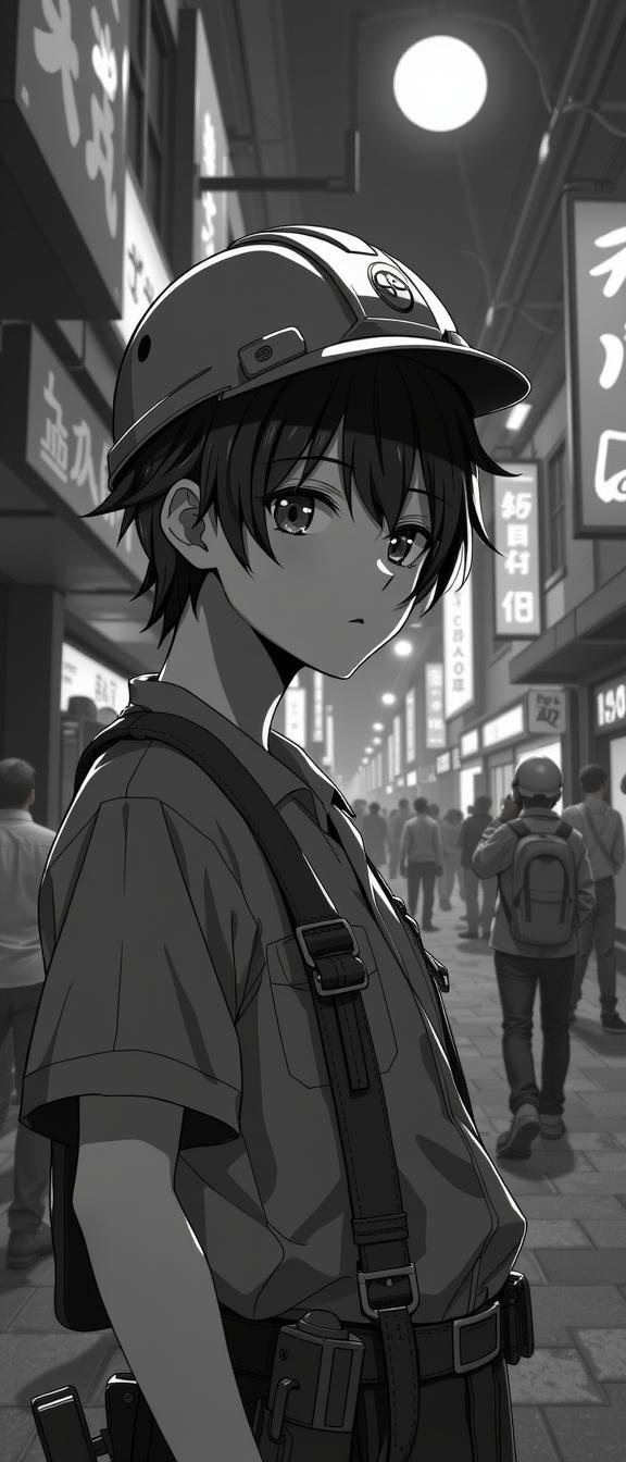 mundane Anime, insane details, establishing shot of a Voidpunk Popular short Oriental Male Construction worker , his hair is Kenyan and styled as Flipped hair