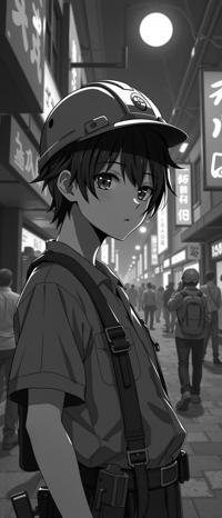 mundane Anime, insane details, establishing shot of a Voidpunk Popular short Oriental Male Construction worker , his hair is Kenyan and styled as Flipped hair