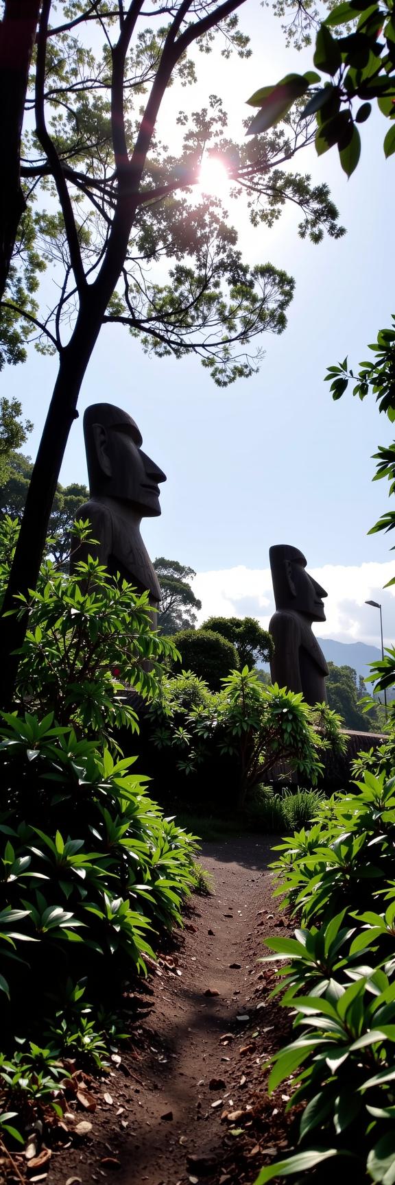 mundane Cinematic still, dense forest with Jasmine, award winning, landscape of a Easter Island Moai Statues in the distance there is a Cambodia