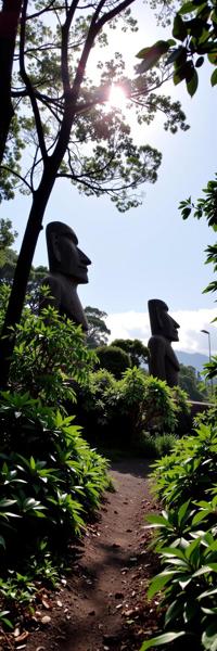 mundane Cinematic still, dense forest with Jasmine, award winning, landscape of a Easter Island Moai Statues in the distance there is a Cambodia