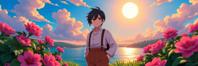 awardwinning Anime, summer flowers and lake, Modernism, two shot angle of a chubby traditional Golden Age Psychologist Roberto