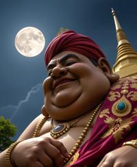 vibrant Airbrush painting, elegant, low angle shot of a Mad Stone obese Bohemian Yuttana , he is Frolicking