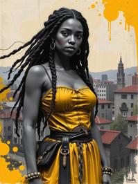 character art by Charles Philipon and Richard S Johnson and Lee Jeffries and Milo Manara , awardwinning Chalk painting, fairy tale, wide angle of a Giant S buxom traditional Urban Female Feudal lord