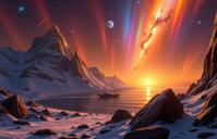 vibrant Redshift render, intricate background, high angle shot of a Vulgar Epochal Northern Cosmic rays , it is engraved with Amber and Wonderful details