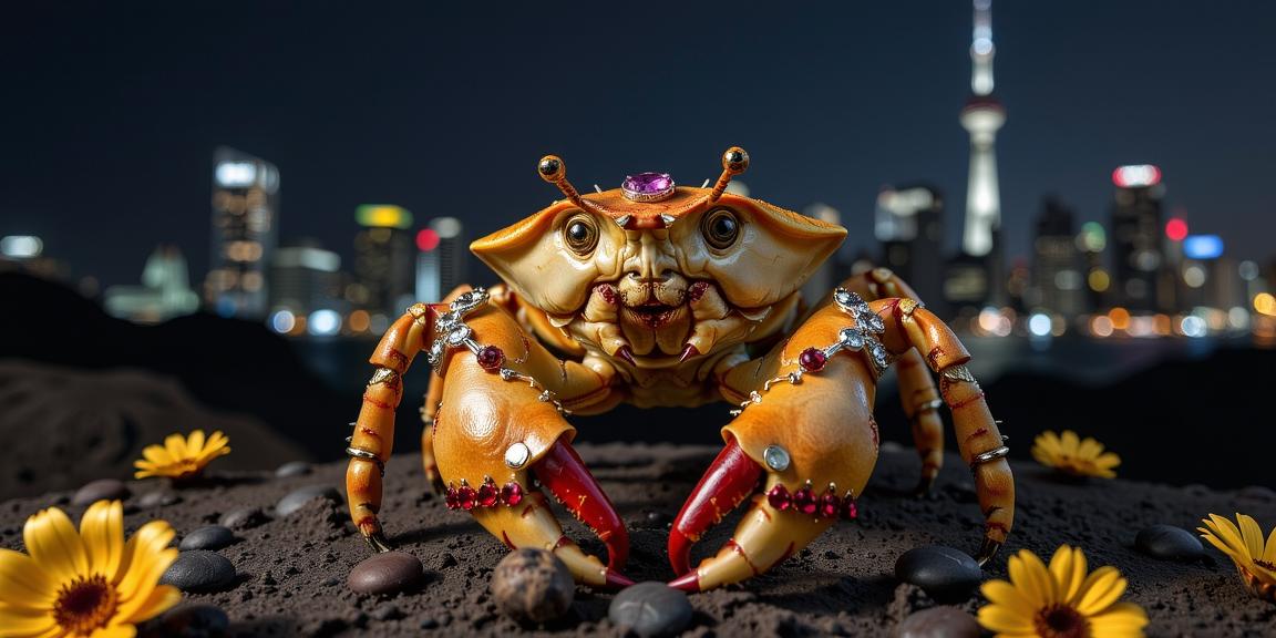 candid Drawing, concept art, medium wide shot of a Overwhelmed Pathetic Hermit Crab with Gems Lace and Silk Georgette clothes tailored by Ozwald Boateng, centered dark black background