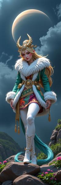 k D Game art, Street Art, elegant, knee level shot of a buxom Tibetan Time traveler Female Djinn