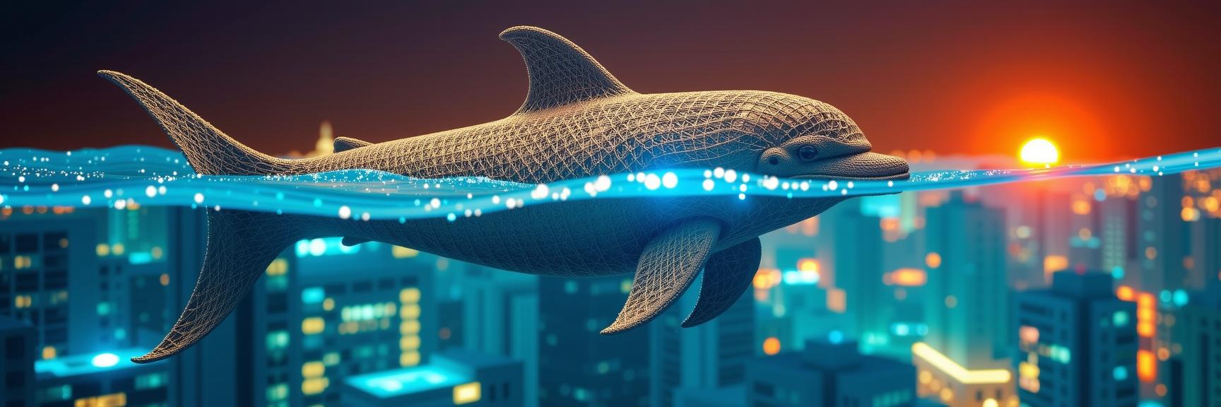 architecture art by Paolo Soleri and Aleksi Briclot and Asaf Hanuka and Frederick Goodall , installation art, dark Macrame of an award winning, Surreal Sci fi Dolphin