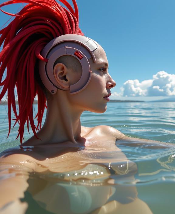 fantasy Cosplay Photograph, elegant, side profile of a Figurative Visionary short Bauhaus Female Cylon , she is Lounging in a Lagoon