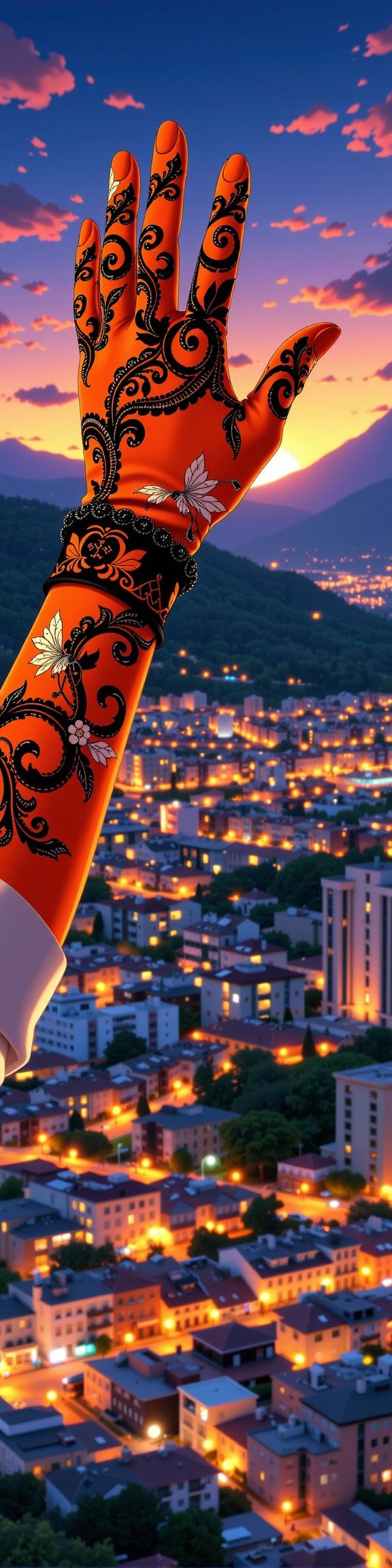 amateurish ASCII art of a surreal, Shin Hanga Boorish Burlesque Gloves , it has intricate details, it is with deep orange print