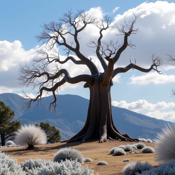 masterpiece Tlingit art, intricate details, profile of a Murano Contemplative Tanzanian Baobab , it is covered in Frost