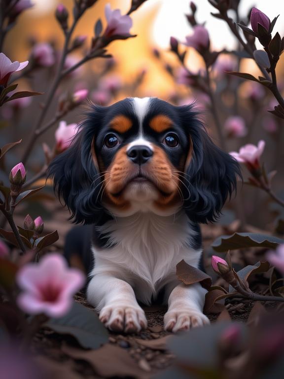 character art stylized by Jerry Siegel and Tomasz Alen Kopera and Dan Hillier , dark Fractal, award winning, Dutch angle shot of a head of a Cavalier King Charles Spaniel Puppy