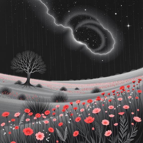 dark Fine Art Etching of a desolate foliage and flower field, hyper detailed, intricate background, landscape of a Contemporary Conscious Coral and Gray Vernal Pool and Repulsive Lebanese Capricornus constellation