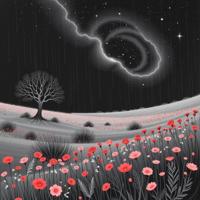 dark Fine Art Etching of a desolate foliage and flower field, hyper detailed, intricate background, landscape of a Contemporary Conscious Coral and Gray Vernal Pool and Repulsive Lebanese Capricornus constellation