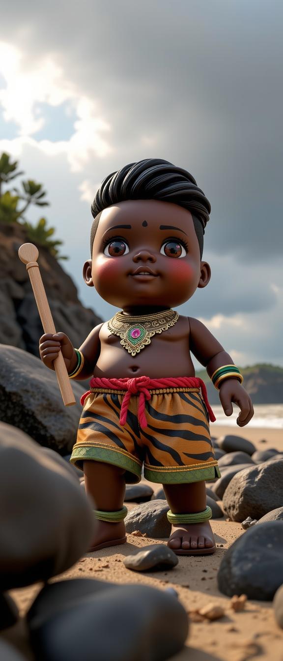 kawaii Octane render, behance, low angle shot of a Charred Respectable chubby Kenyan Male Doll , his hair is Navajo and styled as Side swept