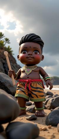 kawaii Octane render, behance, low angle shot of a Charred Respectable chubby Kenyan Male Doll , his hair is Navajo and styled as Side swept