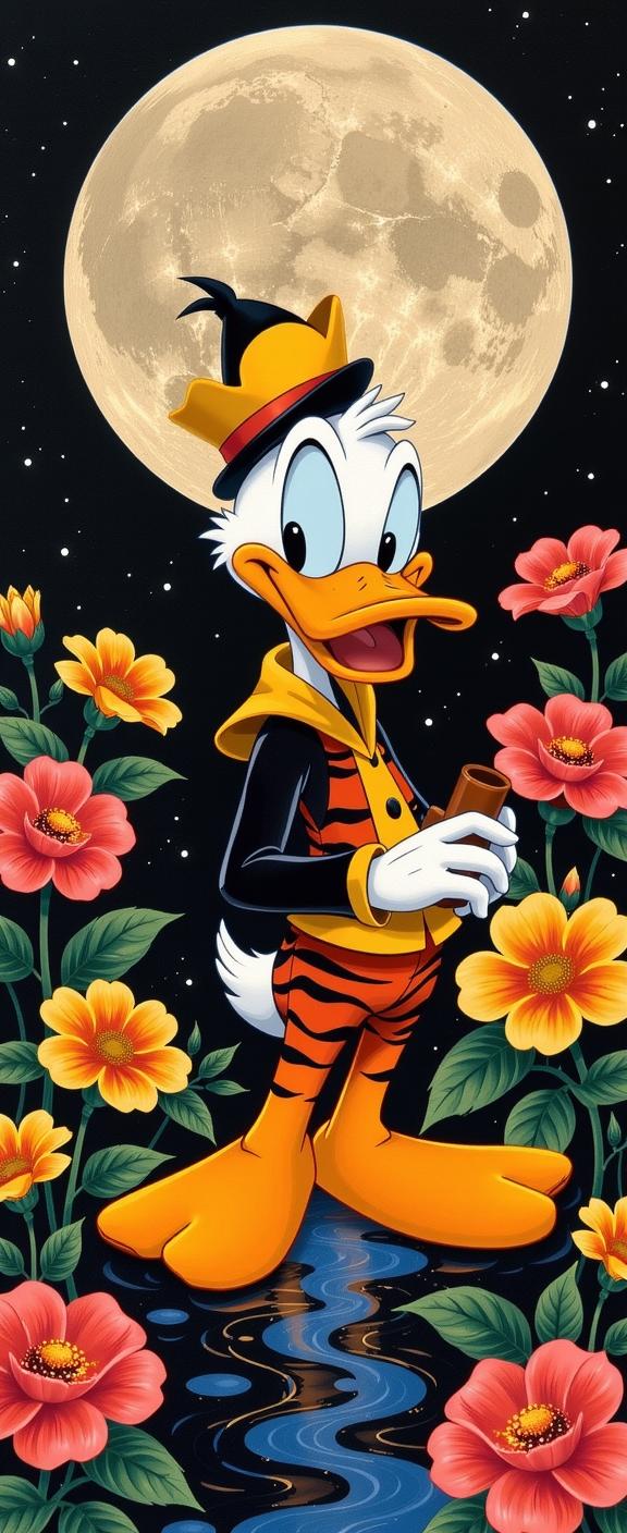detailed mandala of a fairy tale, stout Ragtime Daffy Duck , he is very Hostile and S, he is and Chris Evans