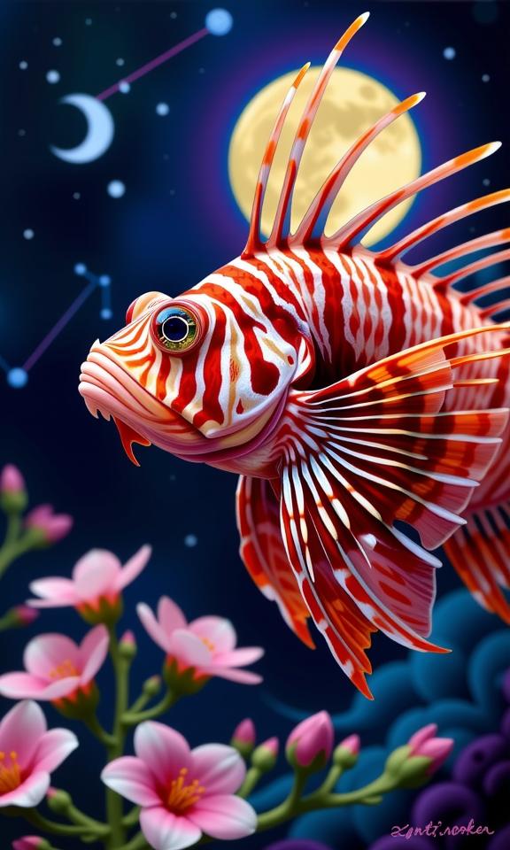 stylized by Xanti Schawinsky and Carlos Schwabe , studio Painting, deep purple theme , close up shot of a Sophisticated Sensual Lionfish