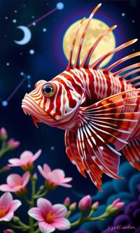 stylized by Xanti Schawinsky and Carlos Schwabe , studio Painting, deep purple theme , close up shot of a Sophisticated Sensual Lionfish
