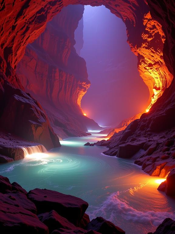 light art stylized by Peter Sedgley , colorful Inspired by Arabesque, dense lava pit with Eucalyptus, fairy tale