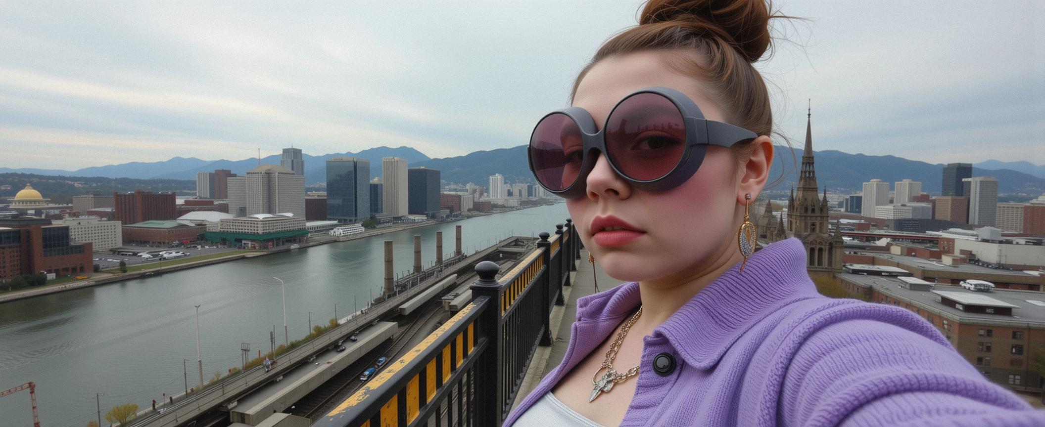photograph, Flirty mountains and city, Golden ratio, selfie of a thick Yuan Dynasty Female Cyclops