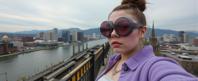 photograph, Flirty mountains and city, Golden ratio, selfie of a thick Yuan Dynasty Female Cyclops