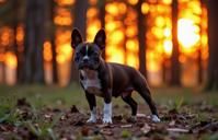 designed by Patrick Demarchelier and Yusuke Murata and Thomas Hawker and Sandy Skoglund , photograph, concept art, ground level shot of a Demoscene Pressured Boston Terrier Puppy