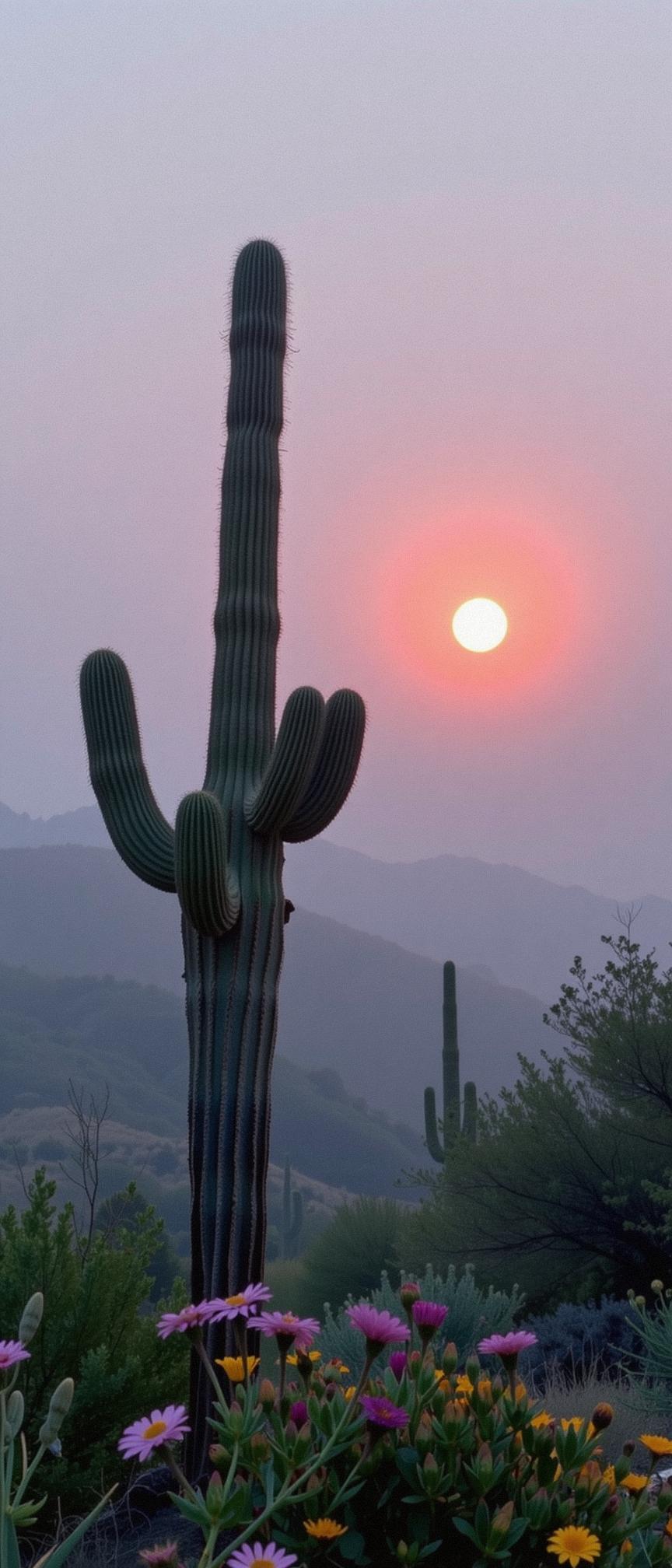 photograph, Gloomcore, insane details, landscape of a Foggy Chibi Saguaro Desert from inside of a Tropical rainforest