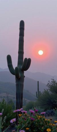 photograph, Gloomcore, insane details, landscape of a Foggy Chibi Saguaro Desert from inside of a Tropical rainforest