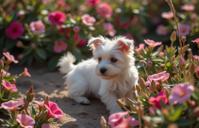 photograph, appealing, long shot of a Interesting Wonder Maltese Puppy of Geometry , near Tactile flowers