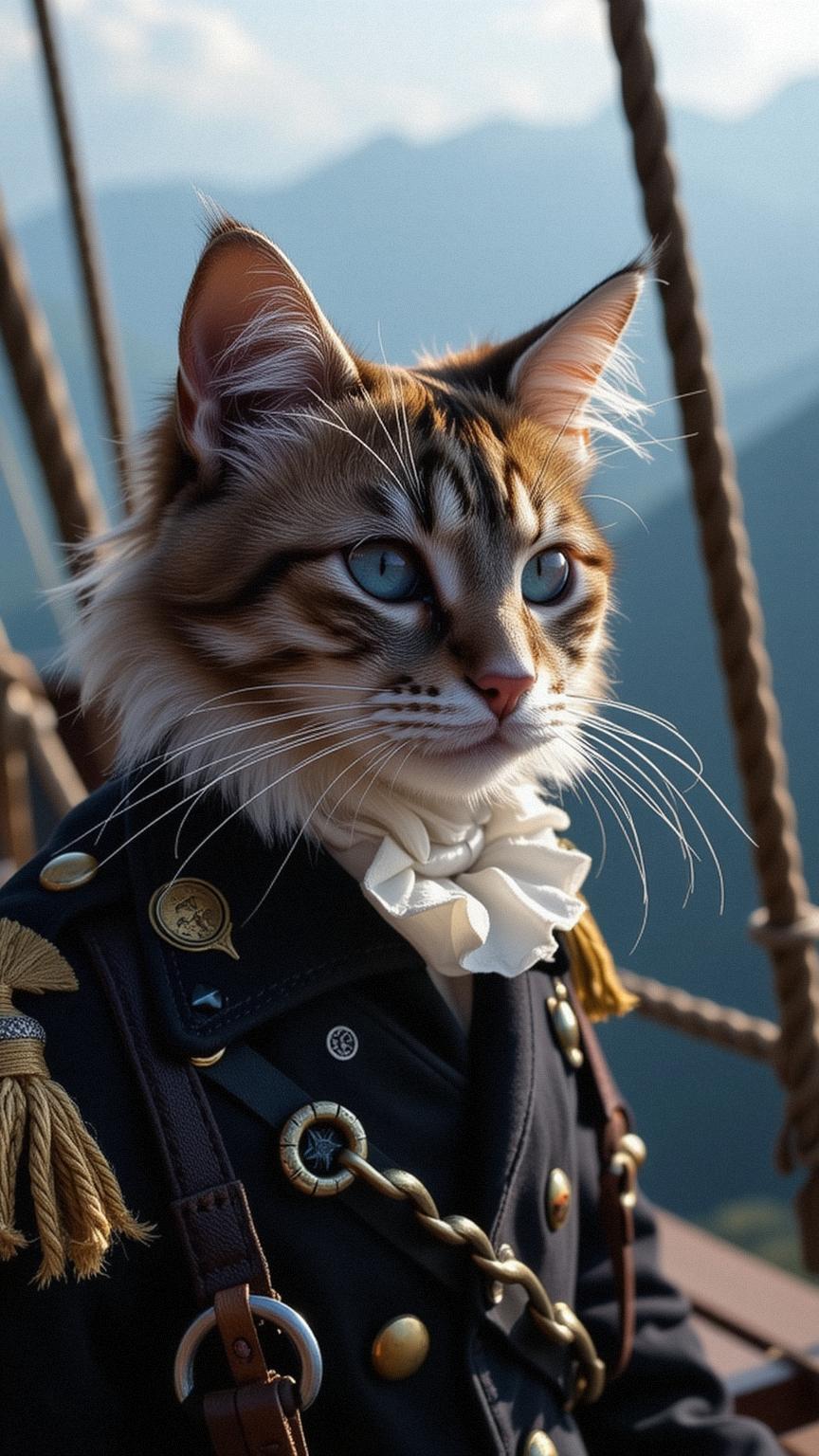 photograph, stylized, High exposure of a Gorgeous S tiny Norse Male Vampire Norwegian Forest Cat hybrid, he is staring as a Ship captain