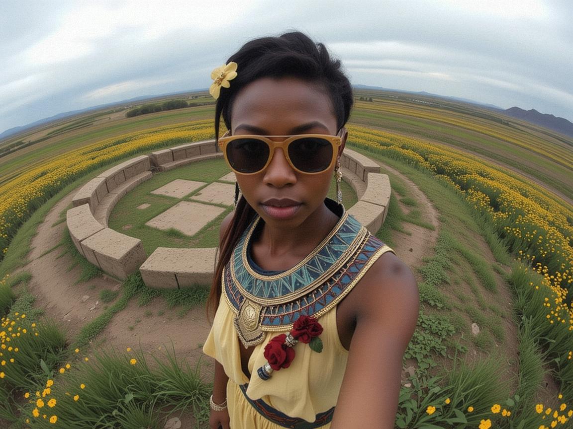 photograph, desolate Ancient stone circle and flower field, highly detailed, Aerial View of a Spiritual Historical muscular Egyptian Female
