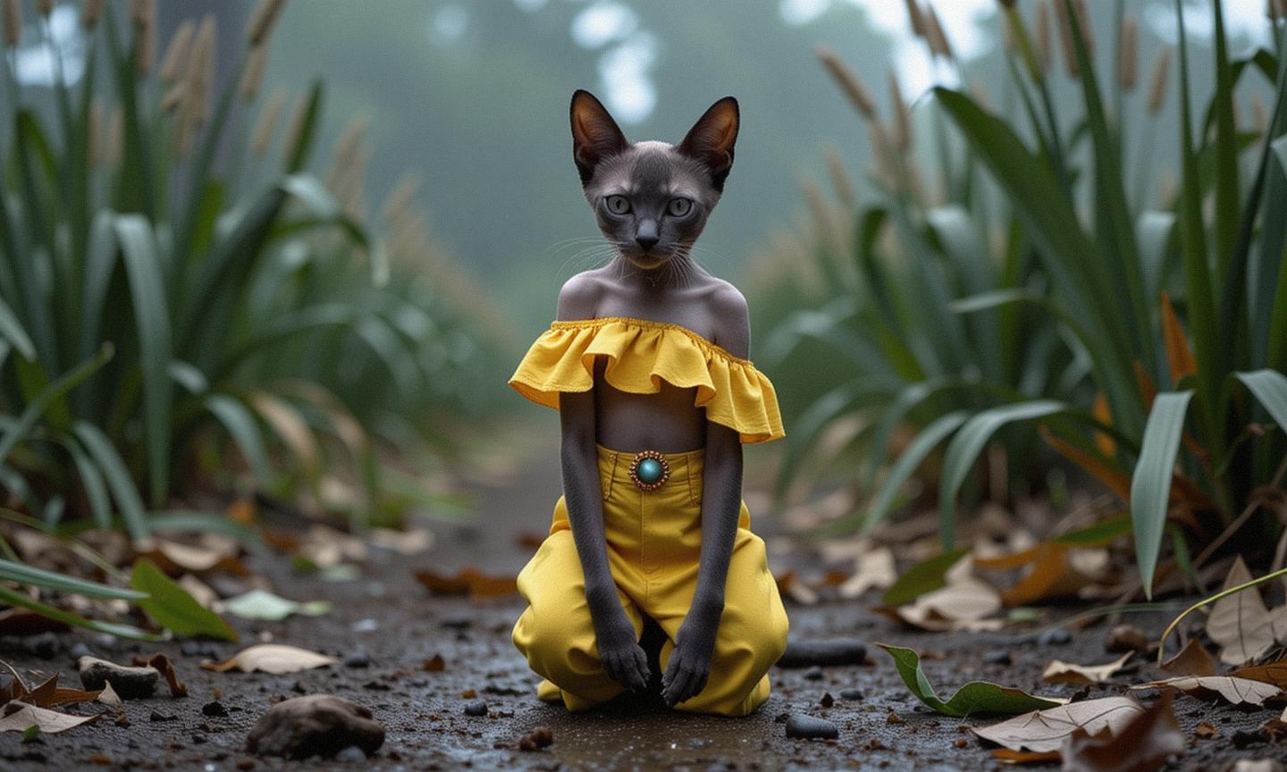 by George Christakis and Bill Brandt and Tami Bone , photograph, intricate background, modelshoot style shot of a dressed in a very Eclectic DayGlo yellow Papuan Trees Wide leg pants and off the shoulder top