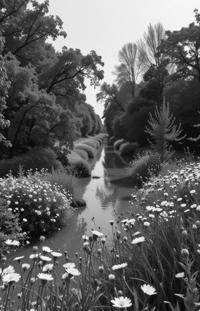 by Hendrik Kerstens and Lucien Clergue and Howard Schatz , photograph, highly detailed, landscape of a Riverwood from inside of a flowery field