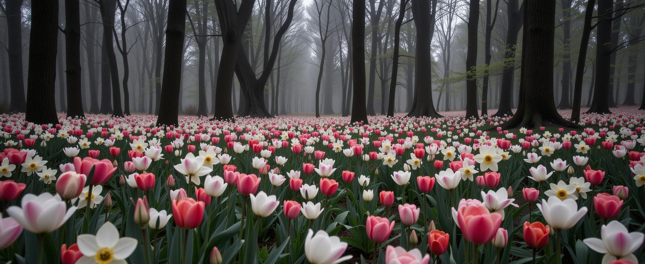 stylized by Milton H Greene and Harvey Stein and Chris Friel , photograph, highly detailed, landscape of a Neat Doubtful White and Coral Starfire Meadow of the Celestial Flames from inside of a Tulip garden