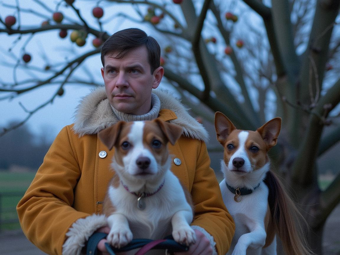 stylized by Joachim Brohm and Juergen Teller , photograph, Academic realism, Sharp focus of a dressed in a very Abstract Art Mustard traditional Celtic Suede Fur coat